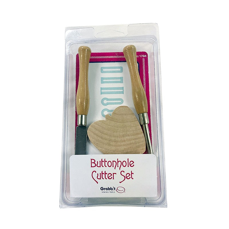 Buttonhole cutter set with straight blade, circular punch, and hardwood cutting block