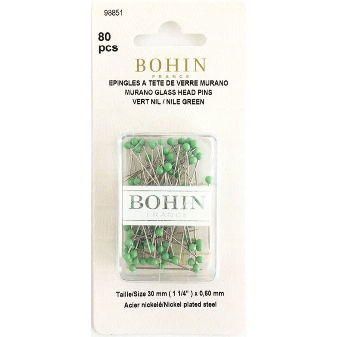 Bohin France 1.25-inch Nile Green glass head pins, 80-count pack