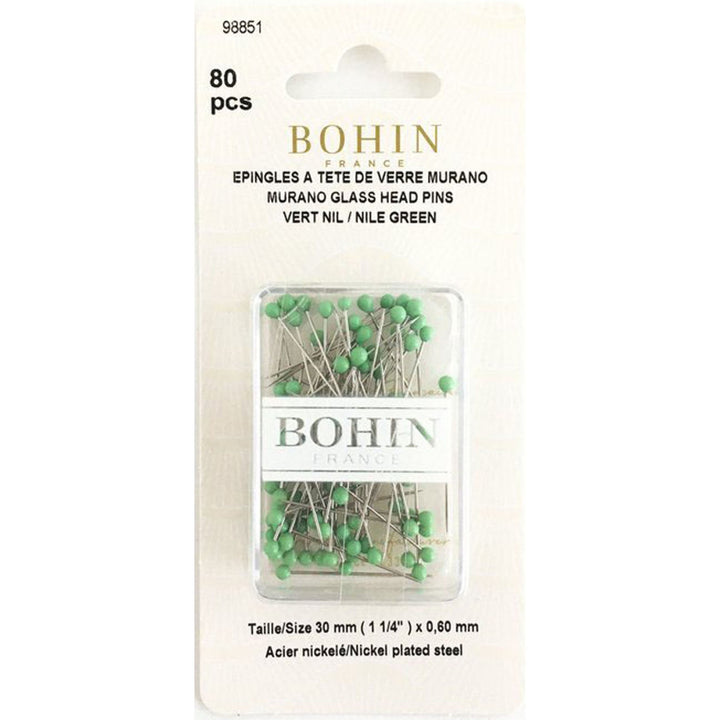 Bohin France 1.25-inch Nile Green glass head pins, 80-count pack