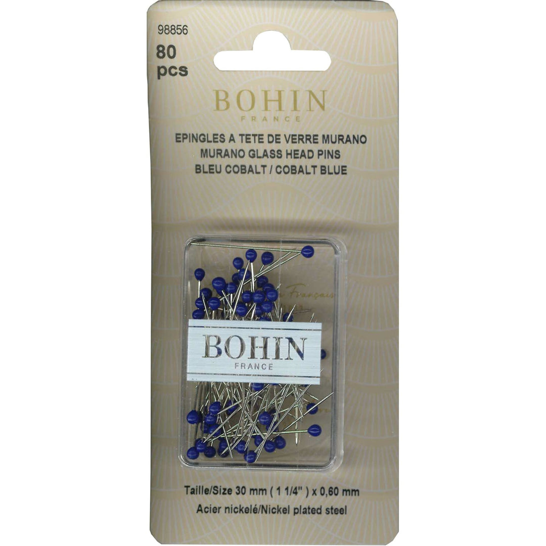 Bohin France 1.25-inch cobalt blue glass head pins, 80-count pack