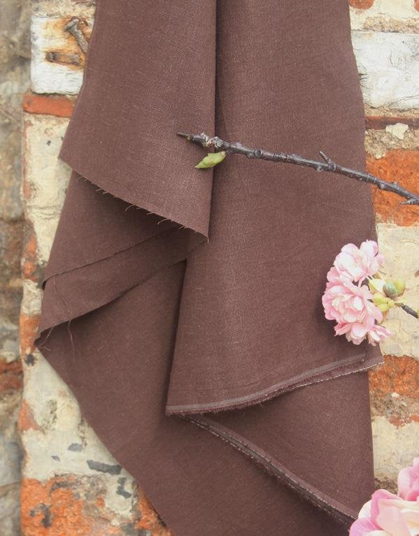 "Brussels Washer Linen Espresso brown fabric, medium weight linen rayon blend with soft drape for sewing garments"

