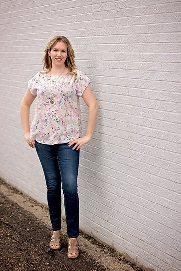 Sew to Grow Bondi Top sewing pattern, curved hem, contrast back yoke, versatile wardrobe staple