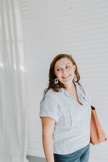 Sew to Grow Sydni Shirt-Dress pattern showing optional collar, front pleated pockets, and tie belt.