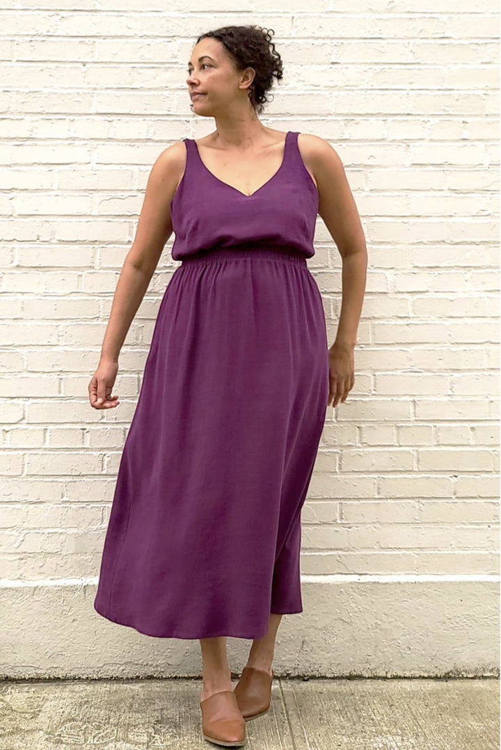 Sew House Seven Sauvie Sundress sewing pattern for standard sizes 00–20 with strappy V-neck design, pocket variations, and customizable lengths.
