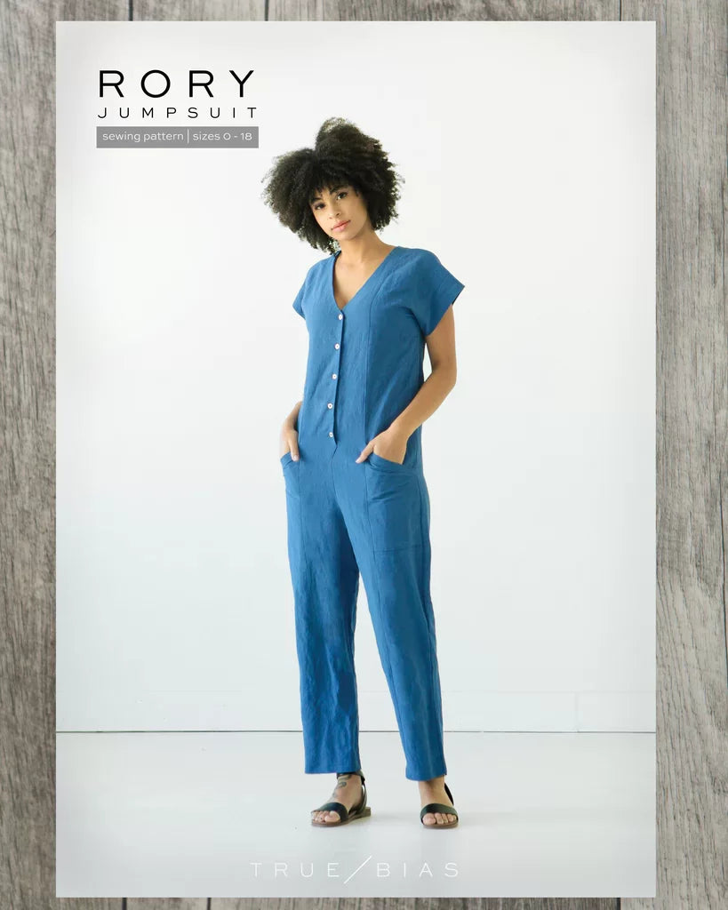True Bias Rory Jumpsuit sewing pattern with sleeveless and extended sleeve options, shorts or ankle-length pants, and optional waist ties.