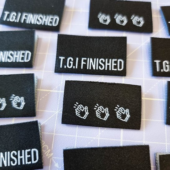 SA Labels T.G.I Finished humorous sewing labels for completed garment projects