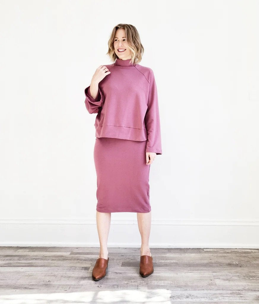 Sew House Seven Cosmos Sweatshirt and Elemental Pencil Skirt sewing pattern, oversized raglan top and high-waist pencil skirt
