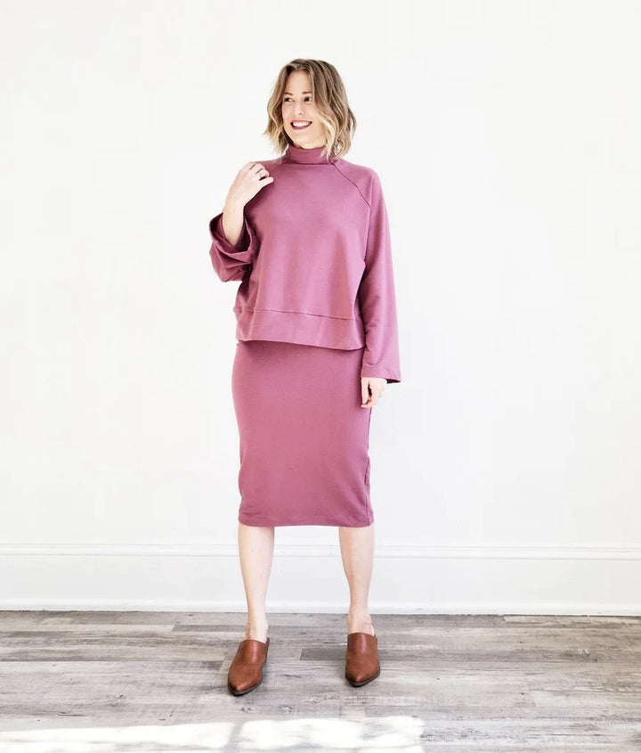 Sew House Seven Cosmos Sweatshirt and Elemental Pencil Skirt sewing pattern, oversized raglan top and high-waist pencil skirt