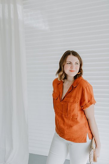 Sew to Grow Sydni Shirt-Dress pattern showing optional collar, front pleated pockets, and tie belt.