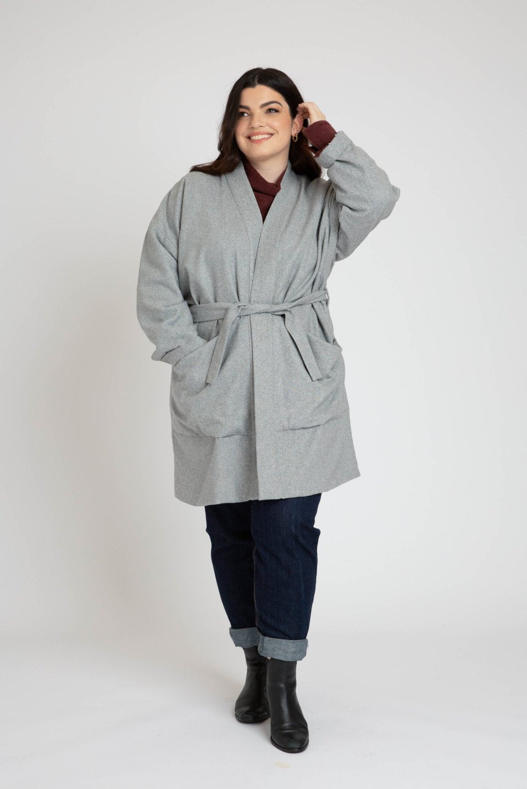 Megan Nielsen Hovea sewing pattern for curvy sizes, featuring loose-fit drop shoulder jackets and coats with multiple lengths