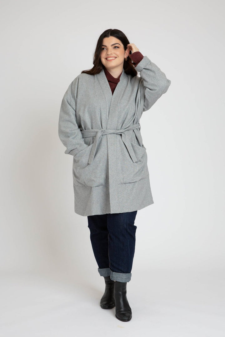 Megan Nielsen Hovea sewing pattern for curvy sizes, featuring loose-fit drop shoulder jackets and coats with multiple lengths