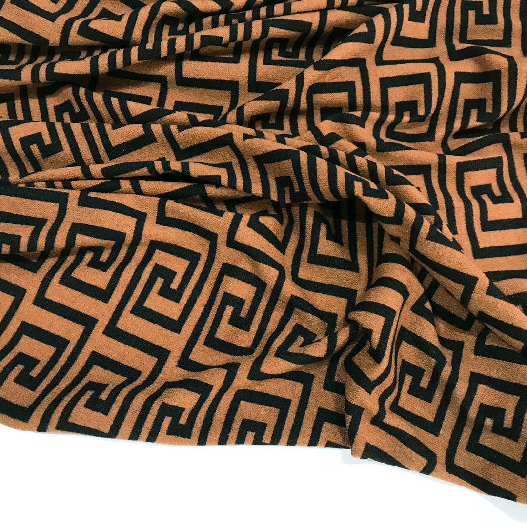 Copper Black Greek Key Hacci Sweater Knit Fabric - Rayon Spandex Poly Blend - Geometric Pattern Material for Cardigans & Pullovers