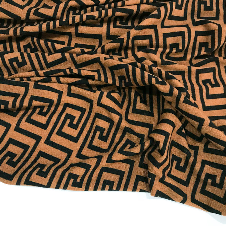 Copper Black Greek Key Hacci Sweater Knit Fabric - Rayon Spandex Poly Blend - Geometric Pattern Material for Cardigans & Pullovers