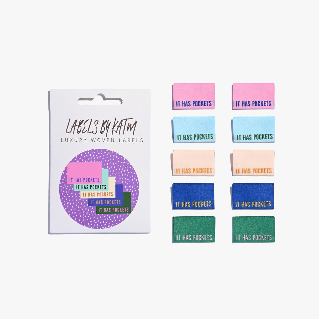 Kylie and the Machine It Has Pockets woven garment labels in 5 colorful designs for handmade clothing
