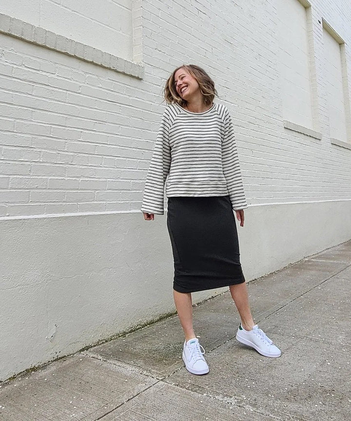 Sew House Seven Cosmos Sweatshirt and Elemental Pencil Skirt sewing pattern, oversized raglan top and high-waist pencil skirt