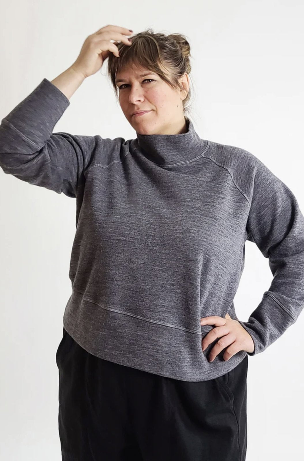 Sew House Seven Toaster Sweaters pattern for curvy sizes, featuring high neck and hi-low hem sweater designs.