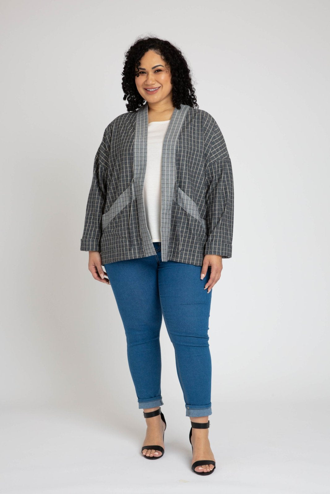 Megan Nielsen Hovea sewing pattern for curvy sizes, featuring loose-fit drop shoulder jackets and coats with multiple lengths