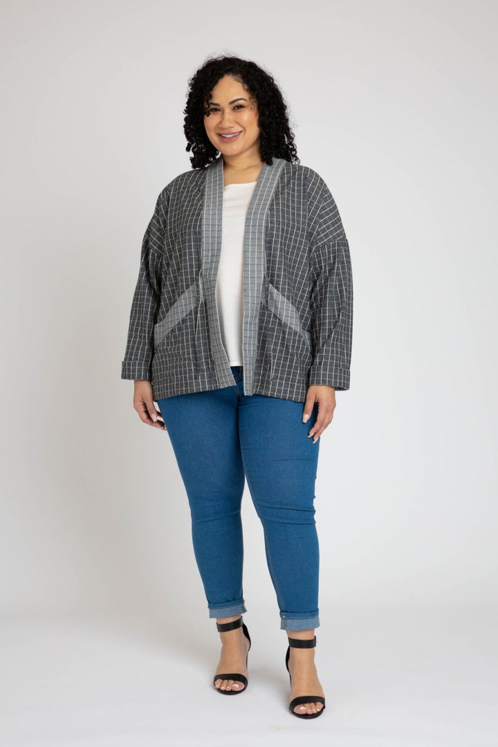 Megan Nielsen Hovea sewing pattern for curvy sizes, featuring loose-fit drop shoulder jackets and coats with multiple lengths