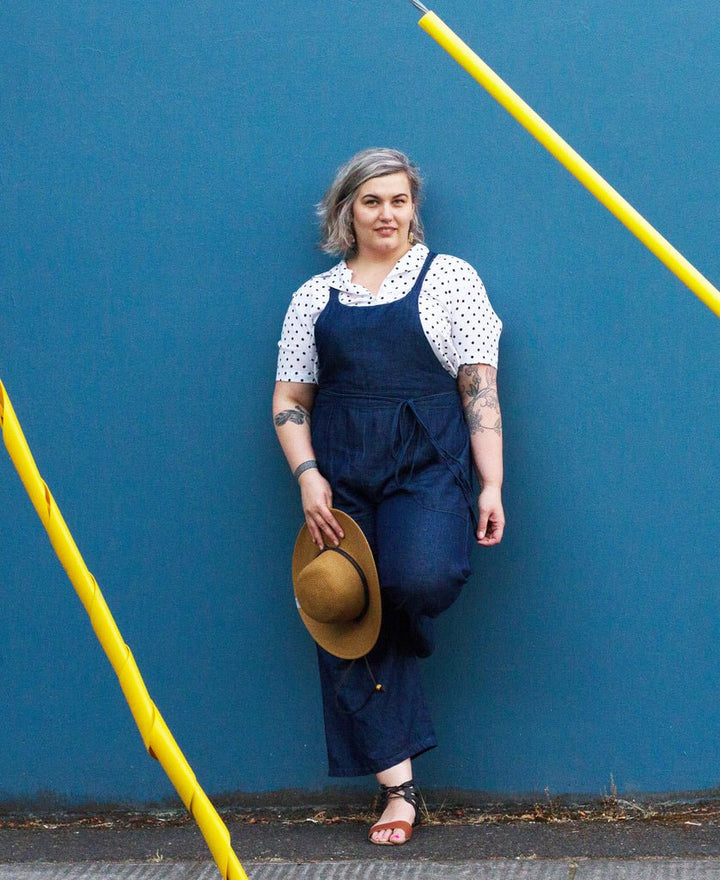 Sew House Seven Burnside Bibs Curvy Fit sewing pattern, scooped or straight front bib, cross-back straps, wide-leg pants
