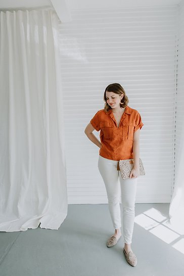 Sew to Grow Sydni Shirt-Dress pattern showing optional collar, front pleated pockets, and tie belt.