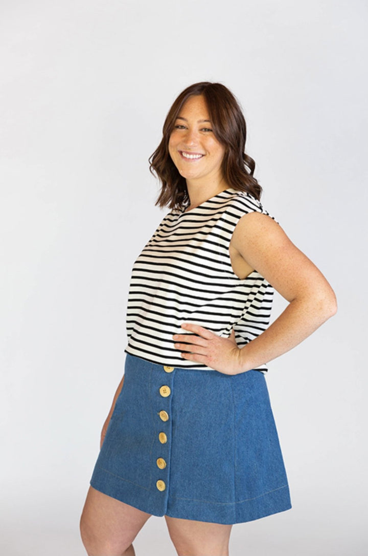 Chalk & Notch Evelyn Skirt sewing pattern with button-front and elastic waist variations in midi and mini lengths, sizes 0–30.
