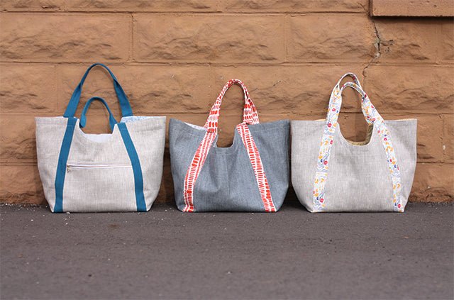 Noodlehead Poolside Tote sewing pattern for DIY beach bag with pockets and room for towels