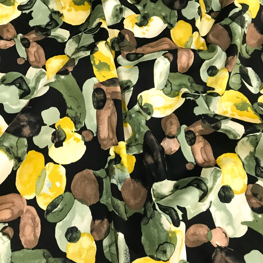 Cotton Stretch Sateen Green Dollops – 98% cotton, 2% Lycra, 57/58 inches wide, smooth fabric with autumnal green, pear, sage, and mocha dollops for jackets, skirts, and shirts
