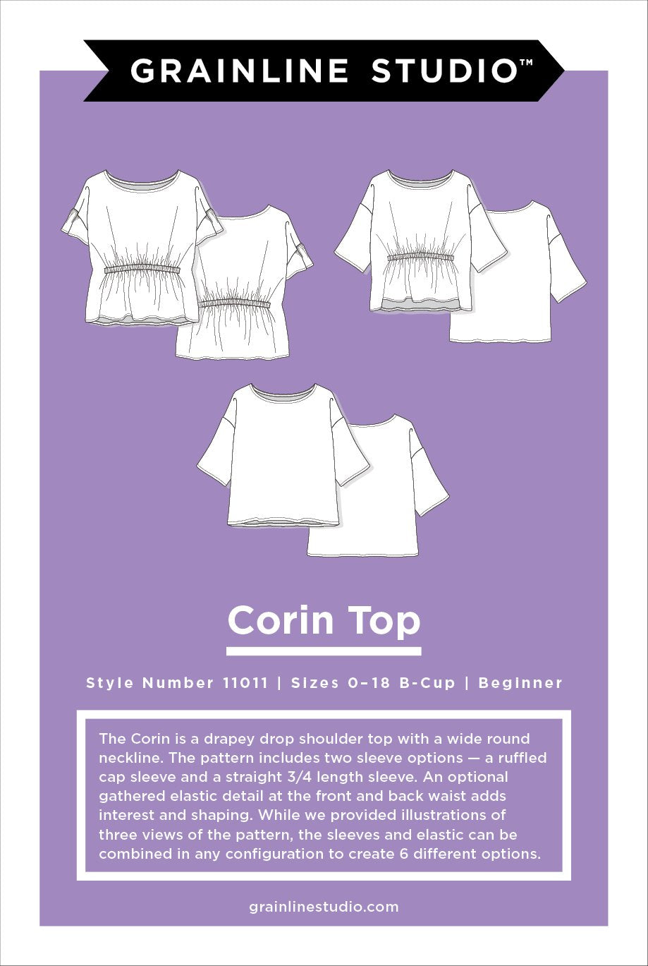 Grainline Studio Corbin Top sewing pattern for sizes 14–32, featuring ruffled cap and 3/4-length sleeve options.