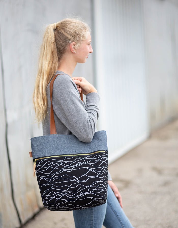 Noodlehead Caravan Tote and Pouch sewing pattern for DIY knitting bag with zippered pockets and matching accessory
