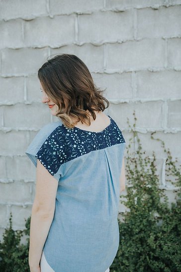 Sew to Grow Bondi Top sewing pattern, curved hem, contrast back yoke, versatile wardrobe staple
