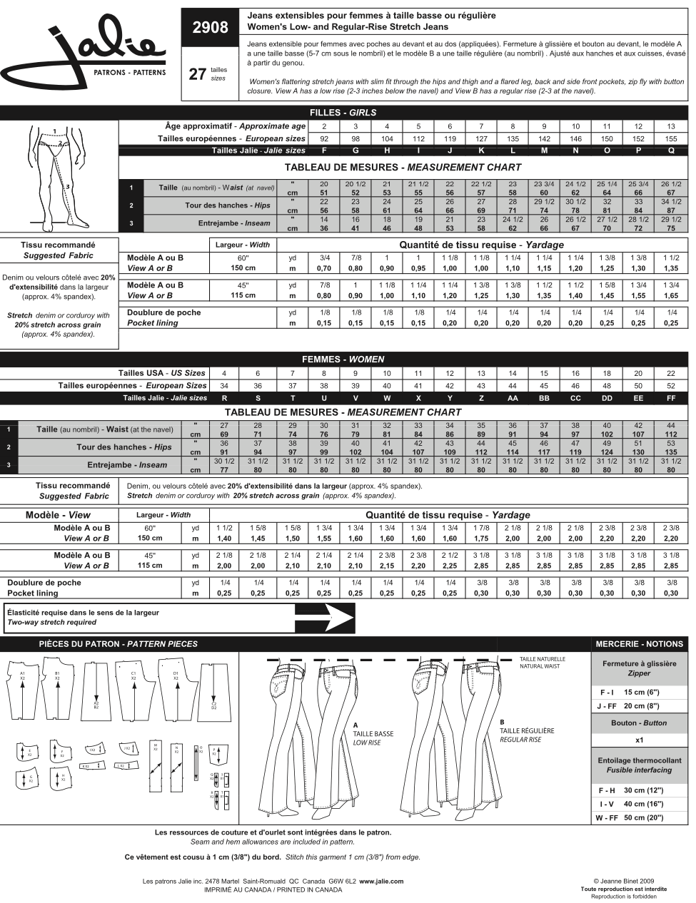 Jalie 2908 Women’s Stretch Jeans sewing pattern – slim fit with flared leg and two rise options