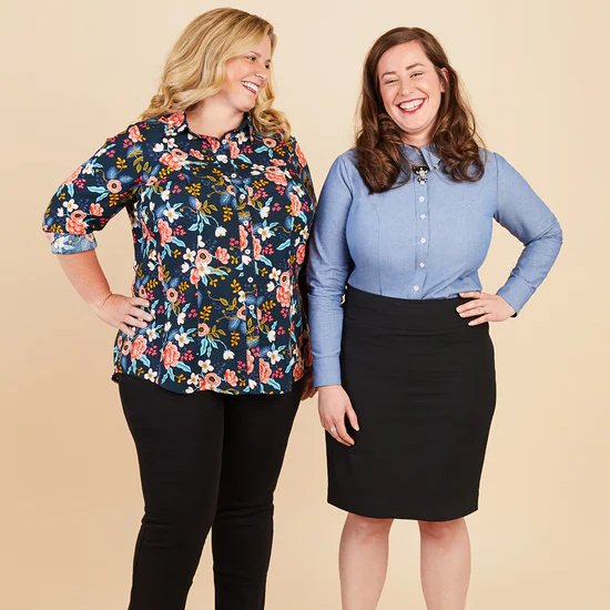 Cashmerette Harrison Shirt sewing pattern featuring a curve-friendly button-down with princess seams, classic collar, and tailored fit in sizes 12–32.