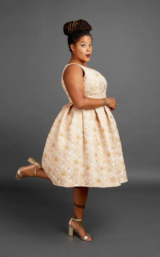 Cashmerette Upton Dress sewing pattern – fit-and-flare dress with multiple neckline options, hidden pockets, and fully lined bodice.