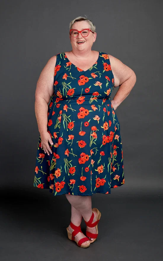 Cashmerette Upton Dress sewing pattern – fit-and-flare dress with multiple neckline options, hidden pockets, and fully lined bodice.