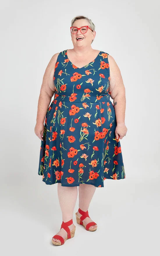 Cashmerette Upton Dress sewing pattern – fit-and-flare dress with multiple neckline options, hidden pockets, and fully lined bodice.