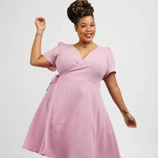 Cashmerette Roseclair Dress sewing pattern with wrap design, three sleeve and skirt variations, and curve-friendly fit in sizes 0–32.