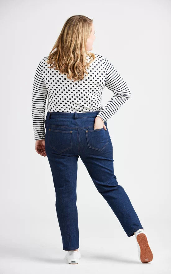 Cashmerette Ames Jeans sewing pattern – 5-pocket denim jeans with high-rise waist and skinny or straight leg options.