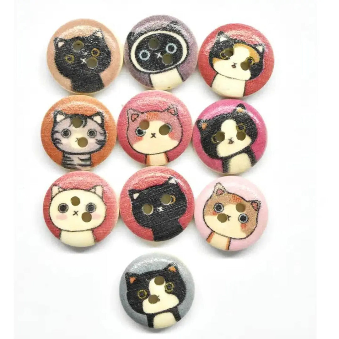 Wooden Buttons - Quirky Cats - (pkg of 10)