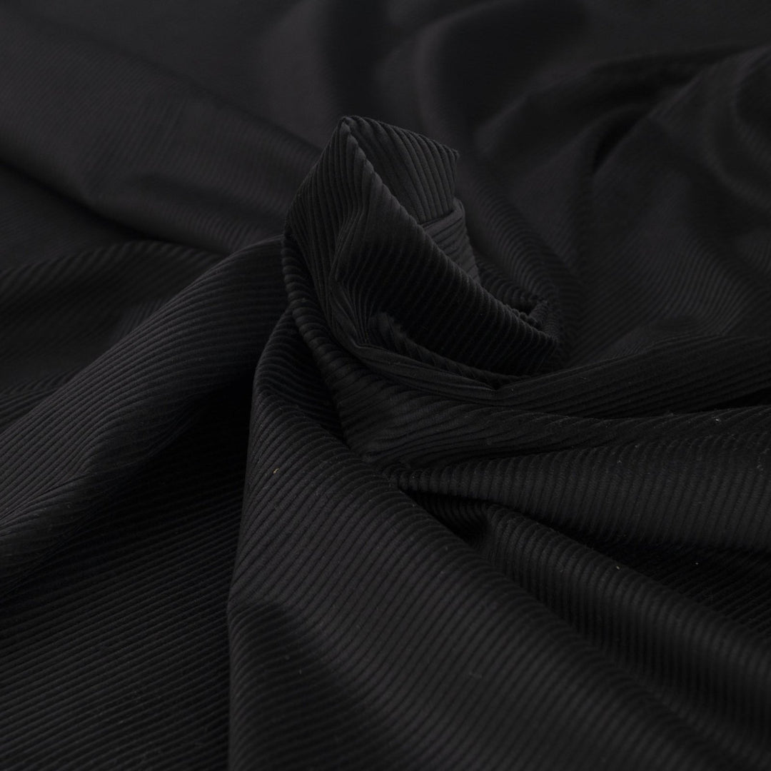 Black 8 wale cotton corduroy fabric - Italian deadstock textile for sewing jackets, pants, and skirts