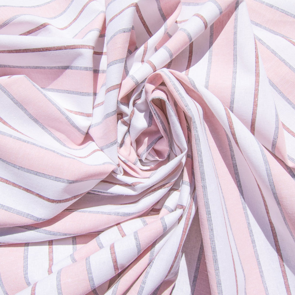 Pink and white yarn-dyed cotton chambray poplin fabric close-up texture