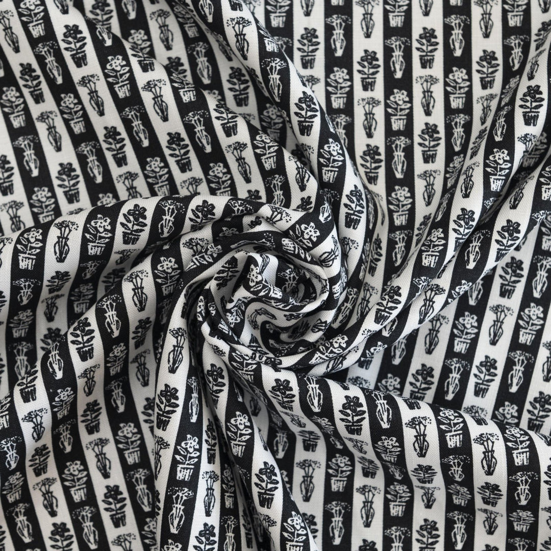Cotton Woven Japanese Classic Garden Print black and white fabric with plant motifs
