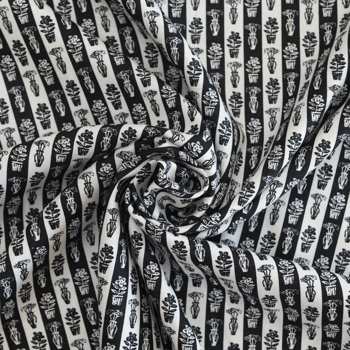 Cotton Woven Japanese Classic Garden Print black and white fabric with plant motifs