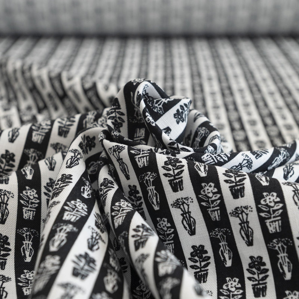 Cotton Woven Japanese Classic Garden Print black and white fabric with plant motifs