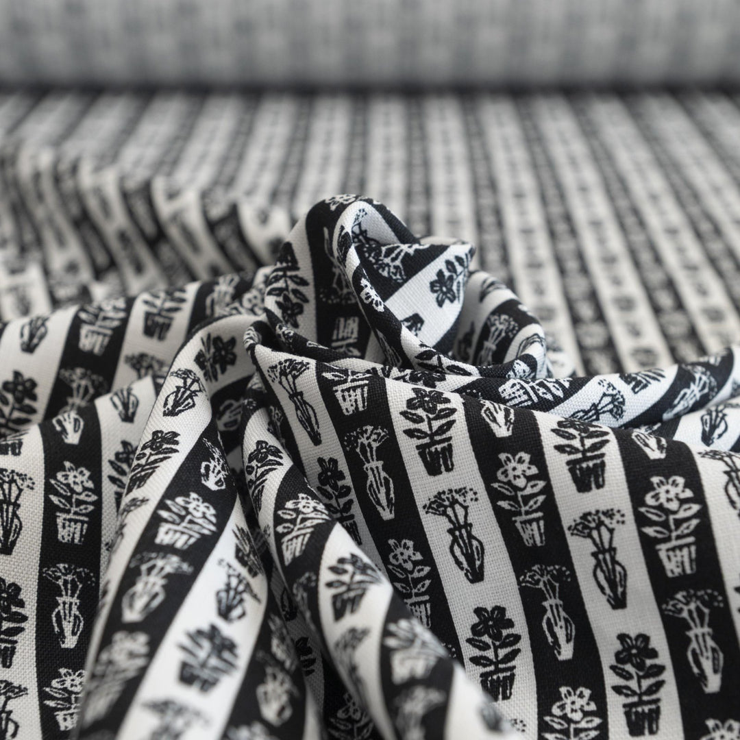Cotton Woven Japanese Classic Garden Print black and white fabric with plant motifs