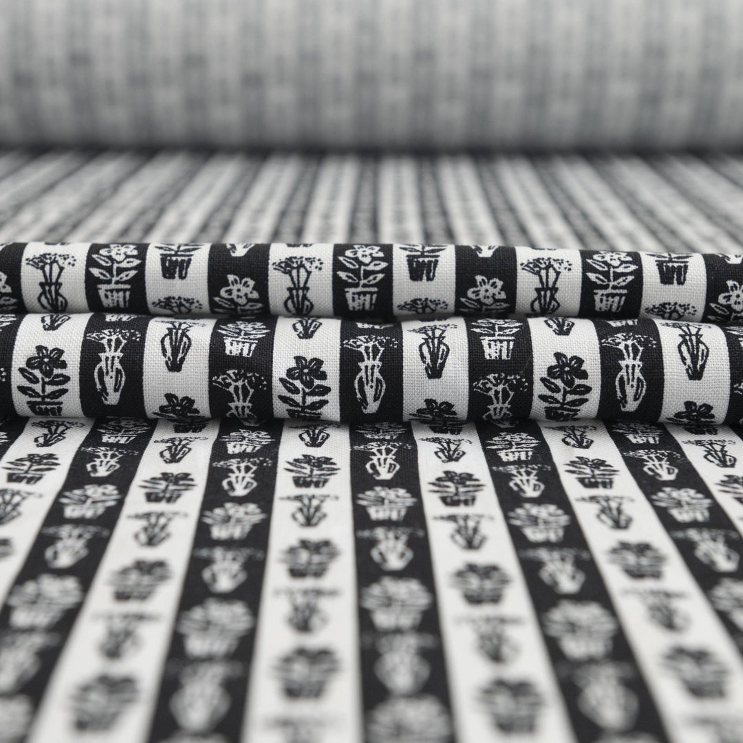 Cotton Woven Japanese Classic Garden Print black and white fabric with plant motifs