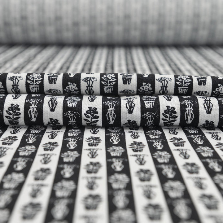 Cotton Woven Japanese Classic Garden Print black and white fabric with plant motifs