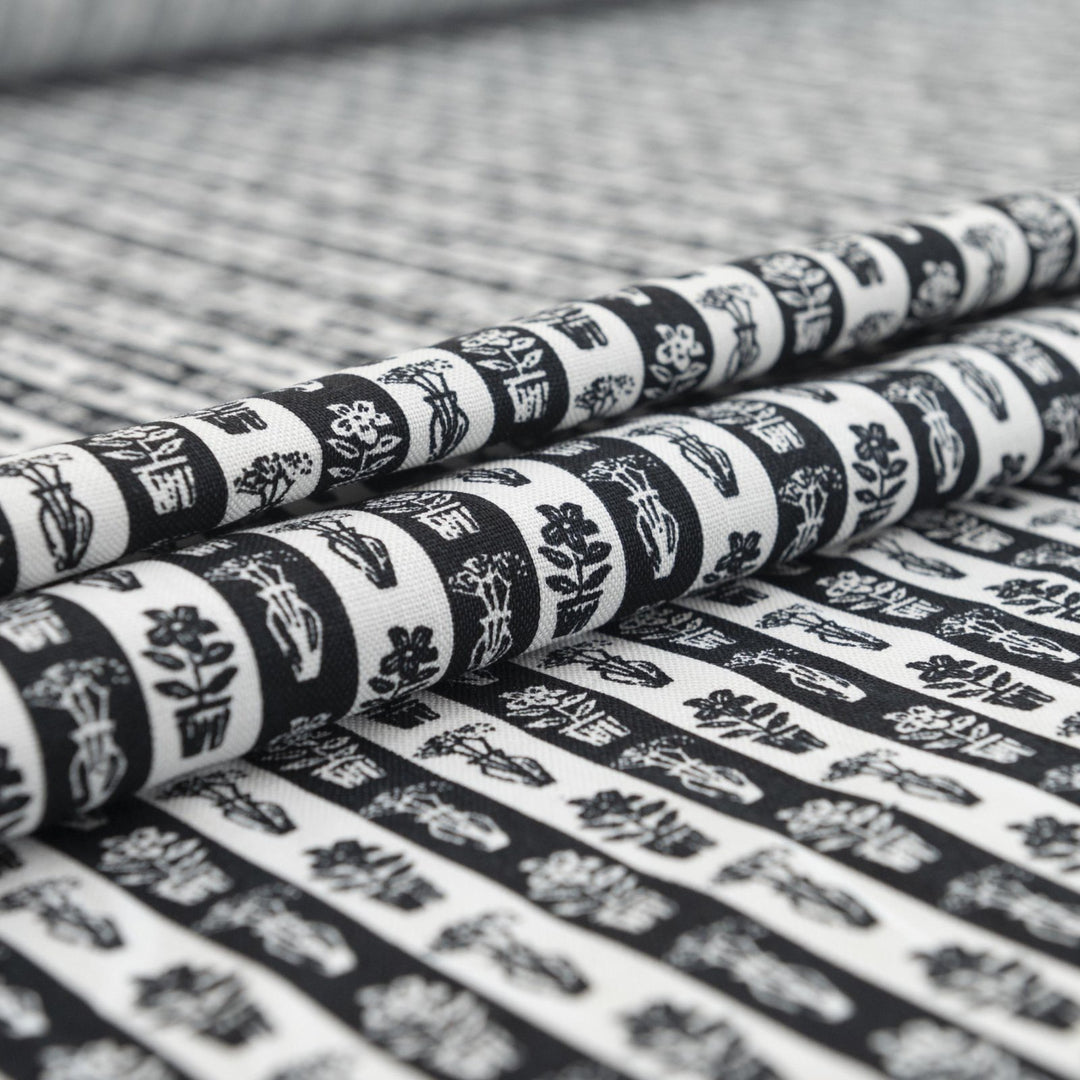 Cotton Woven Japanese Classic Garden Print black and white fabric with plant motifs