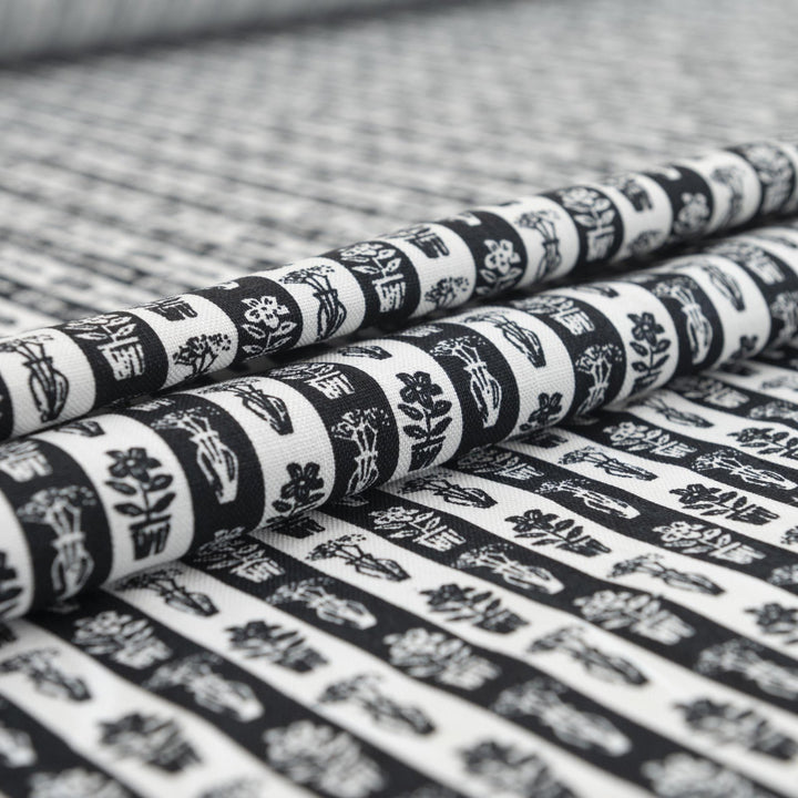 Cotton Woven Japanese Classic Garden Print black and white fabric with plant motifs