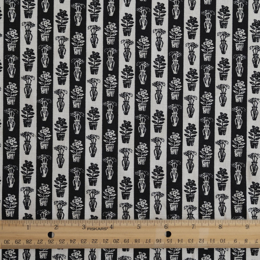 Cotton Woven Japanese Classic Garden Print black and white fabric with plant motifs