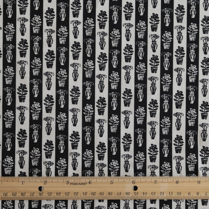 Cotton Woven Japanese Classic Garden Print black and white fabric with plant motifs